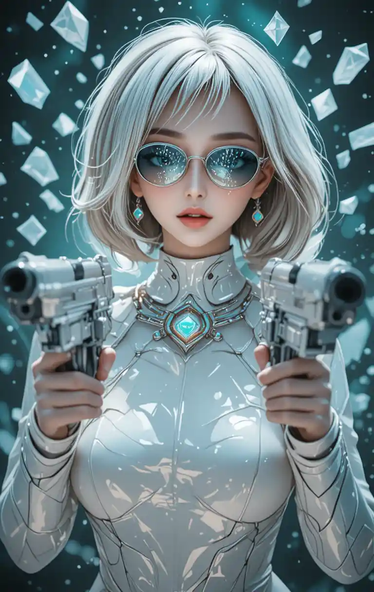Mujer cyberpunk con armas entre cristales flotantes