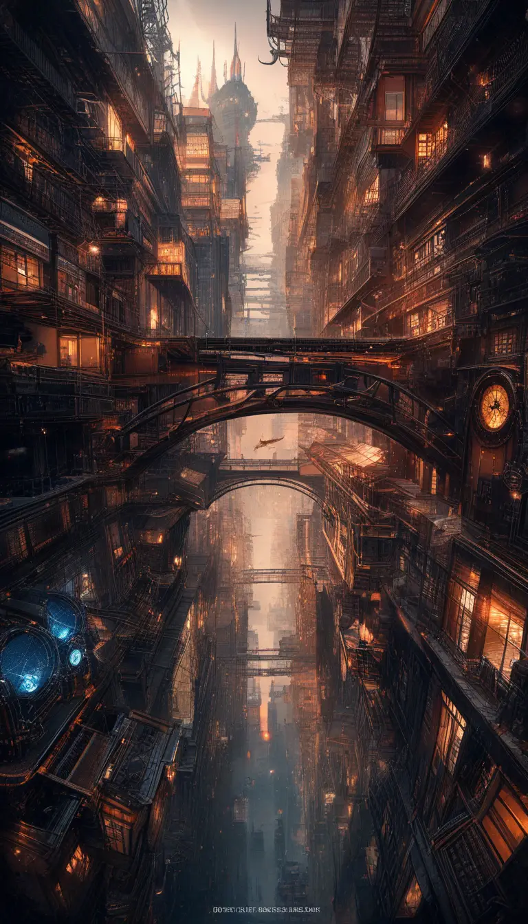 Gatto steampunk dorato su balcone di ottone sopra un'immensa città