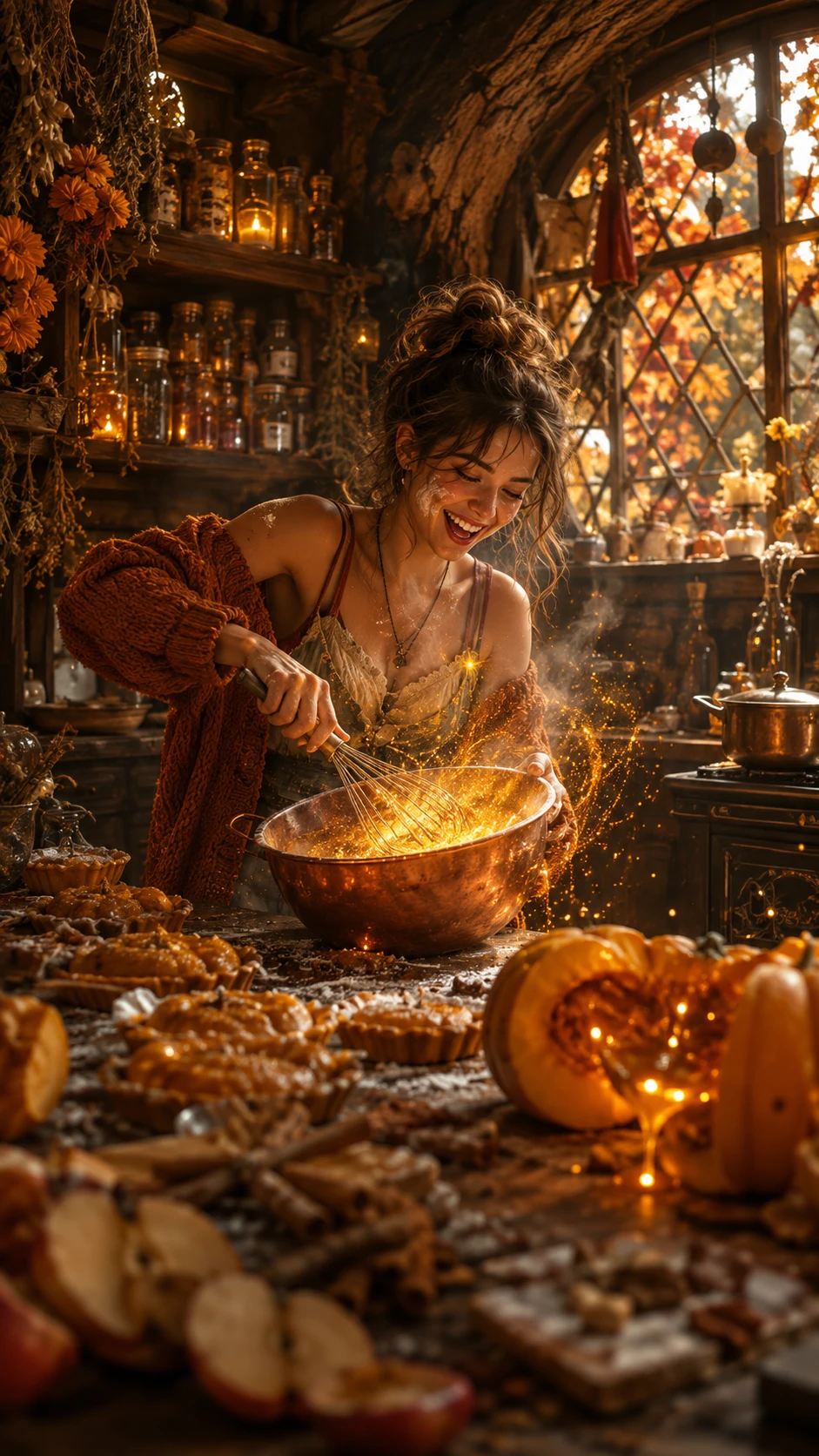 Laughing baker whisking glowing pumpkin batter in rustic kitchen