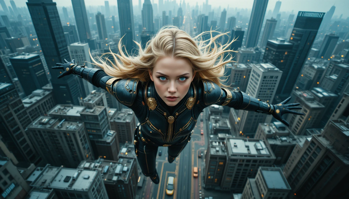 Eroina volante sopra un paesaggio urbano futuristico e cinematografico