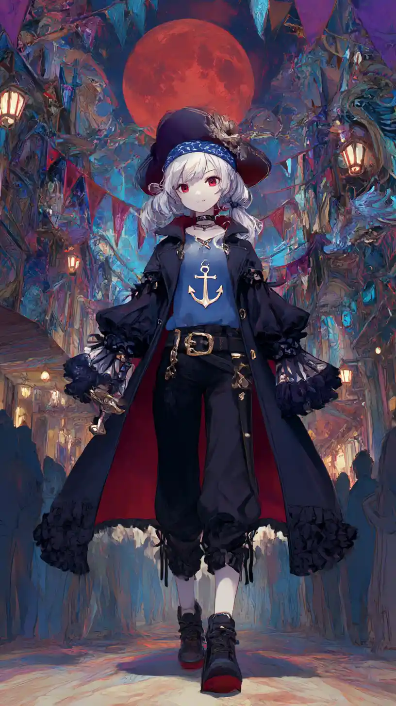 Guerriera anime con spada in una strada di carnevale oscura