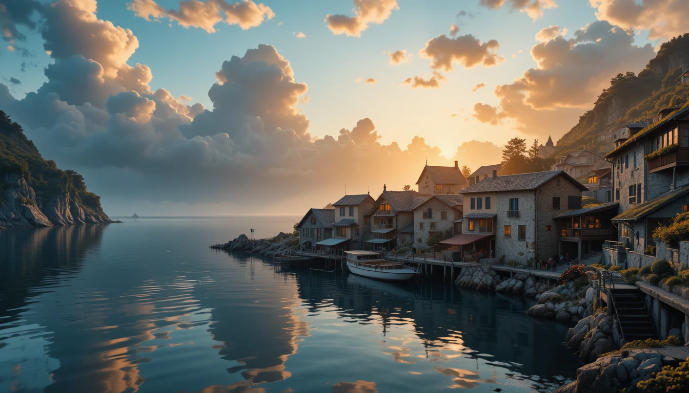 Vila costeira tranquila ao pôr do sol com águas calmas e reflexivas