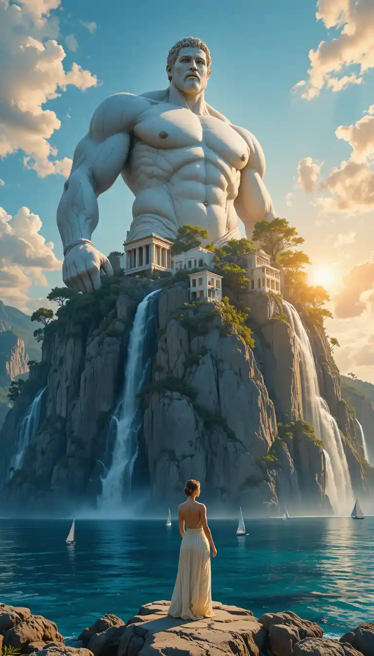 Colossal atlas titan bearing a Greek island at sunset