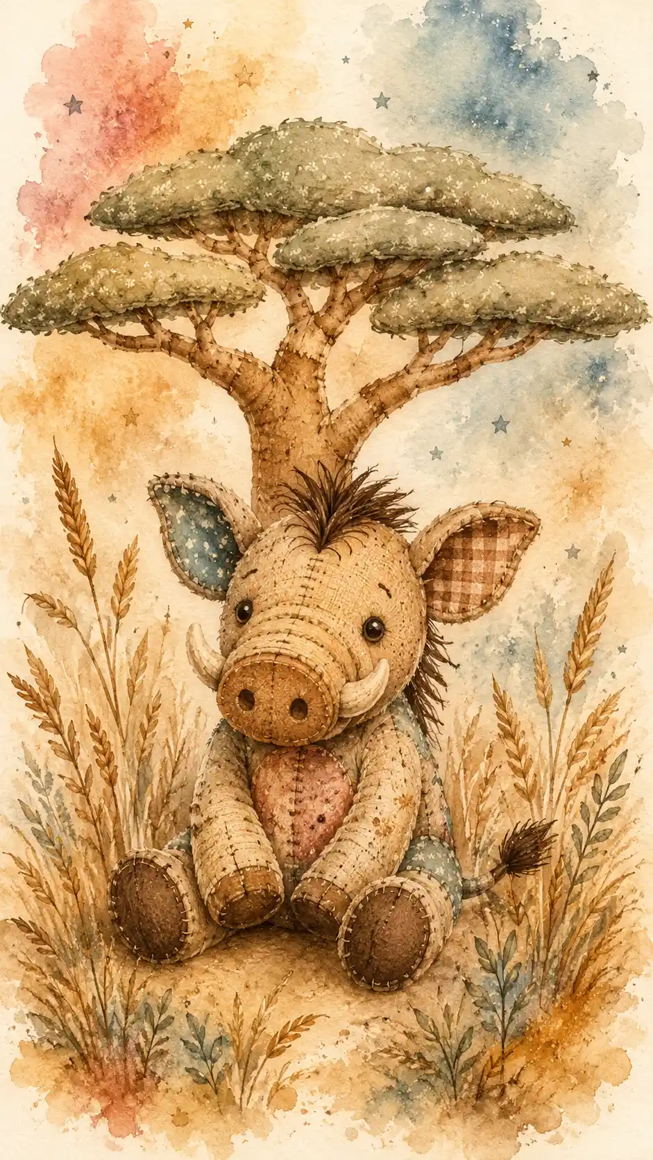 Cute baby warthog plush by a toy acacia tree