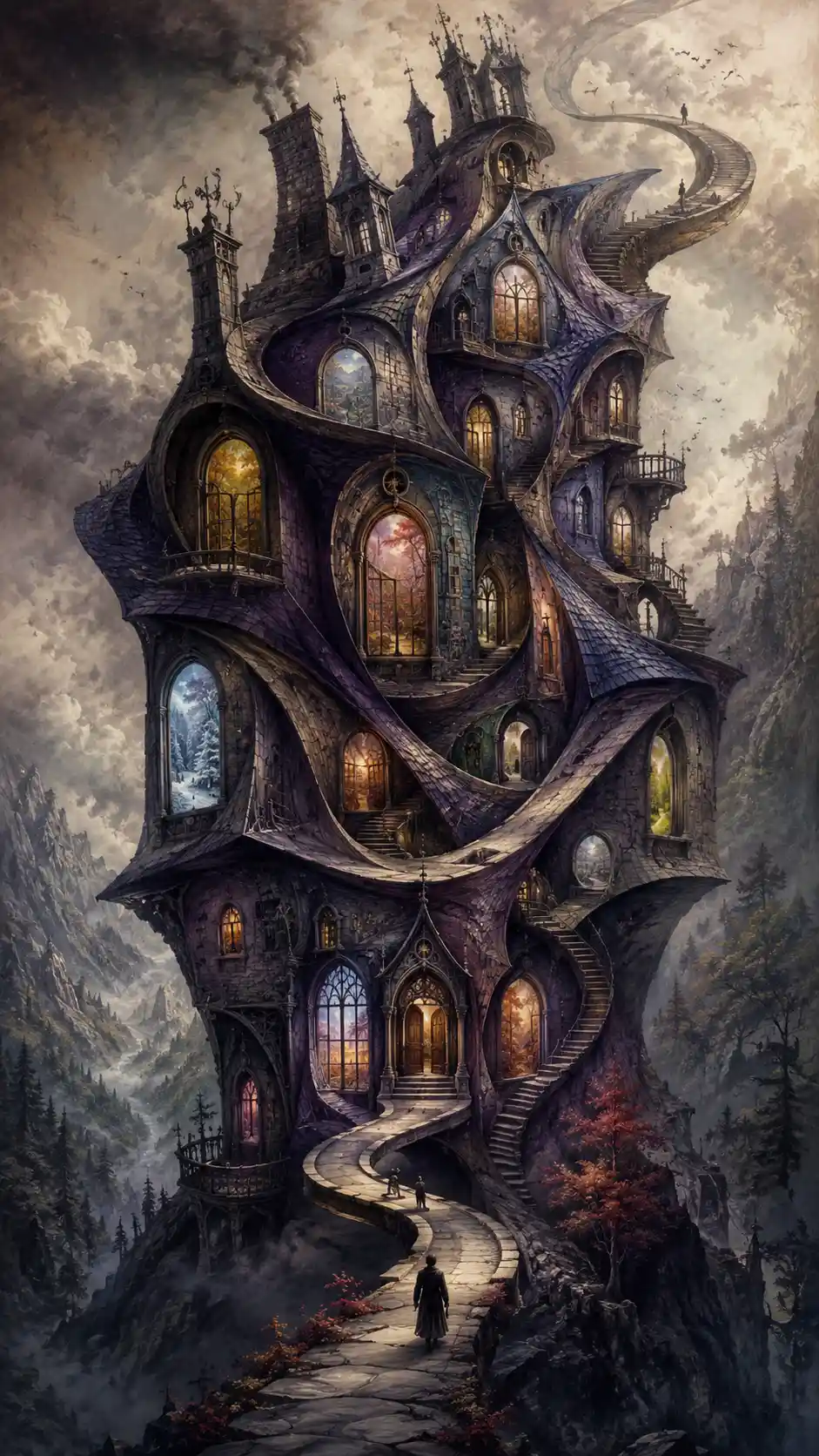 Surreal Gothic Mansion Folding Within A Misty Valley