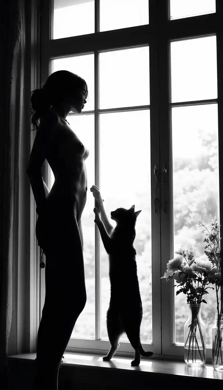 Silhouette di una donna alla finestra con un gatto che si allunga
