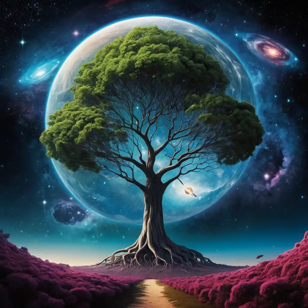 Branching cosmic tree symbolizing infinite quantum realities