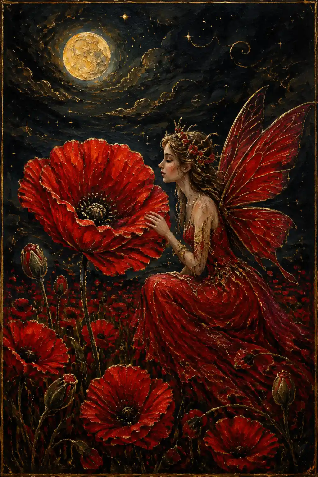 Fairy In Red Beside A Single Poppy At Night