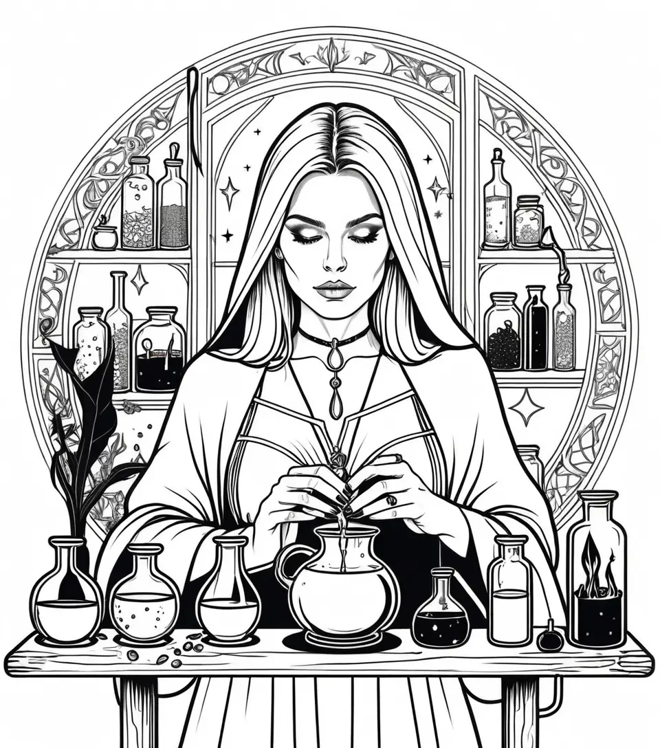 Blonde witch crafting potions in a colorful medieval magic shop