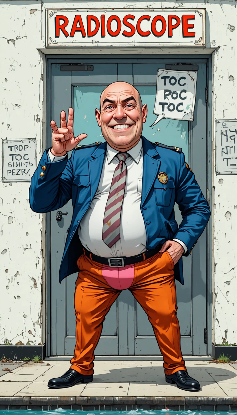 Ängstlicher Mann, der an eine Radioskopie-Tür klopft, im Cartoon-Stil