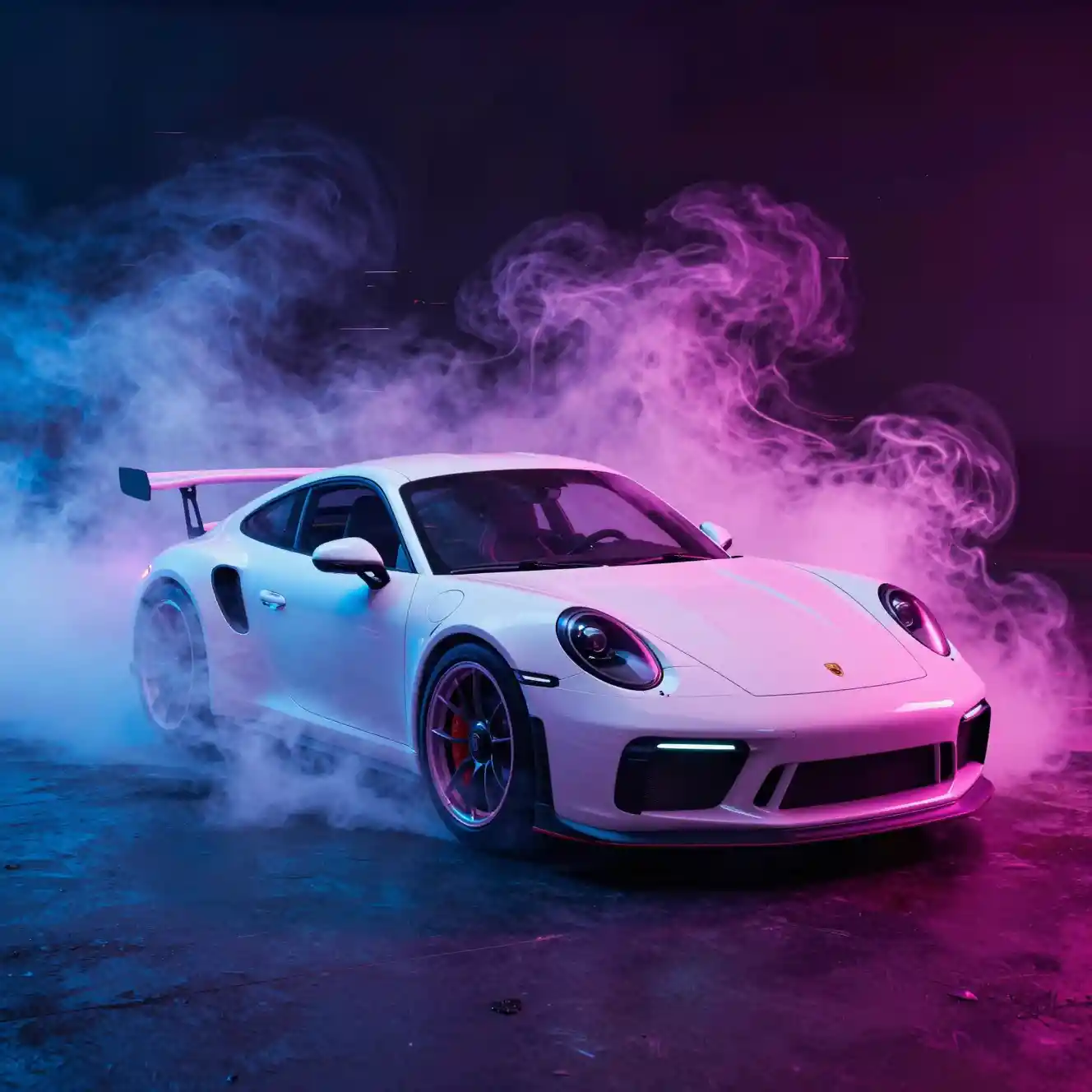 Auto sportiva al neon in vapore vorticoso vista dal basso