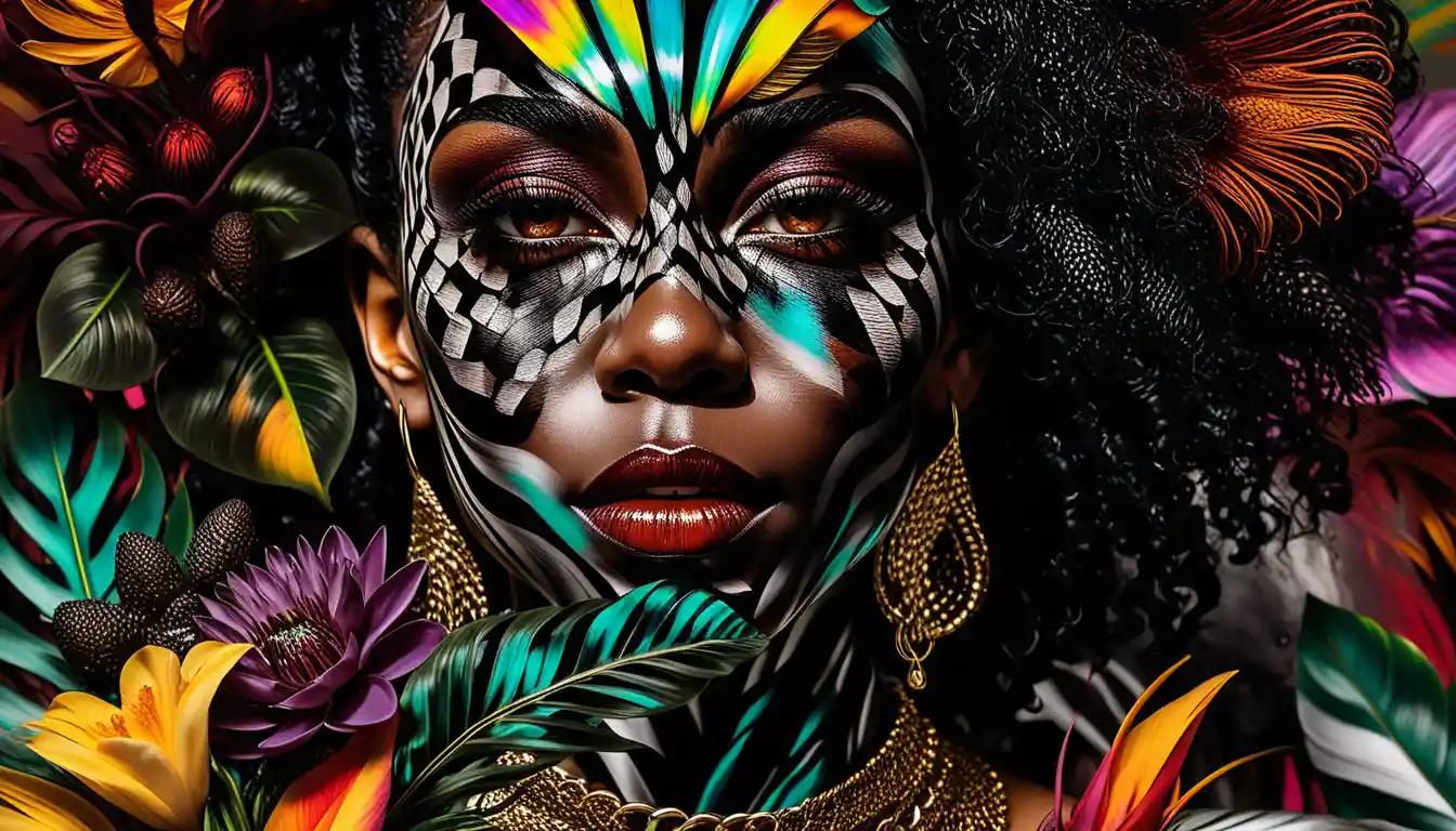 Retrato em close-up de uma mulher com flores tropicais e joias de ouro