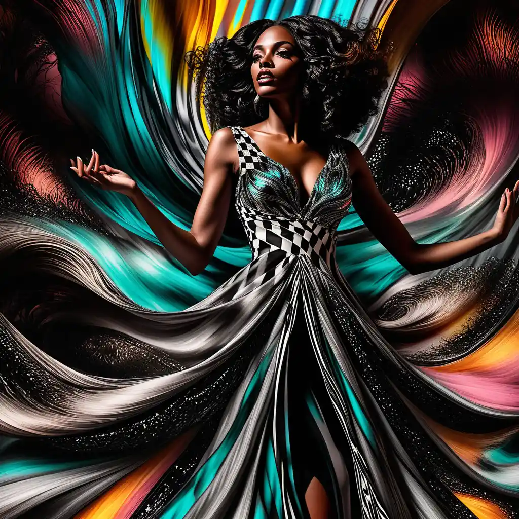 Illustrazione surreale di una donna con abito fluido come liquido
