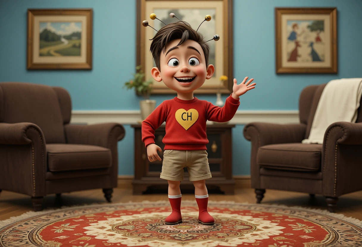 Personaggio di ragazzo in stop motion che posa in un soggiorno accogliente