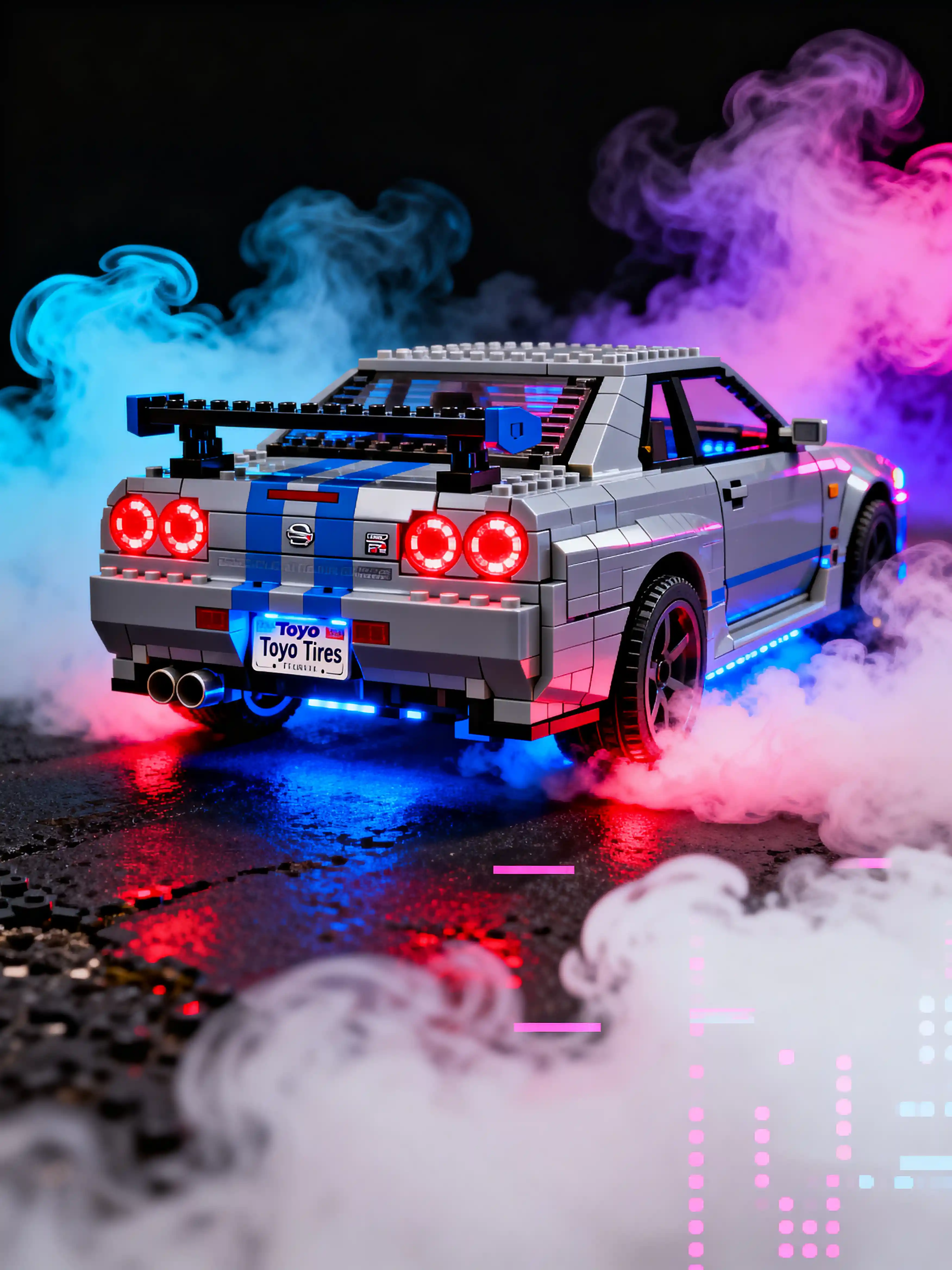 Auto sportiva Lego con fumo al neon e fanali posteriori luminosi