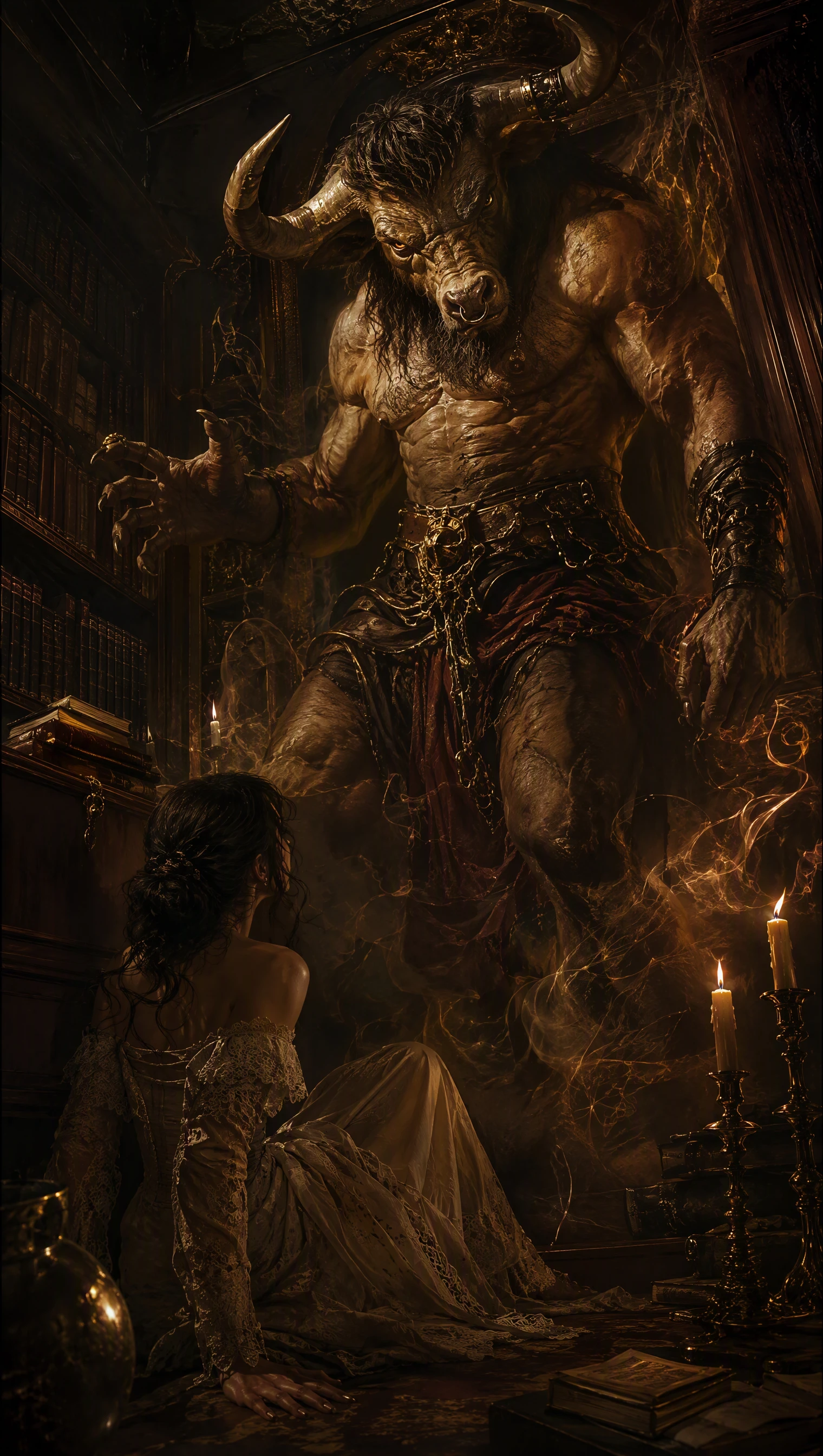 Baroque fantasy minotaur in a shadowy gothic library