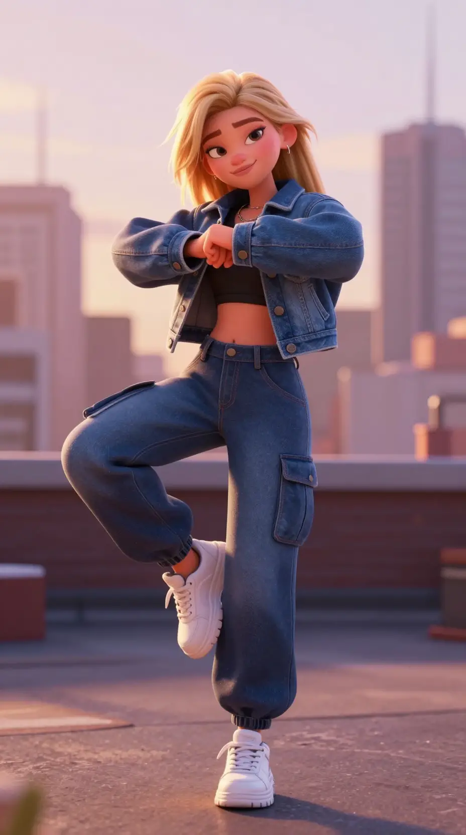 Giovane ragazza che balla su un rooftop urbano all'ora d'oro