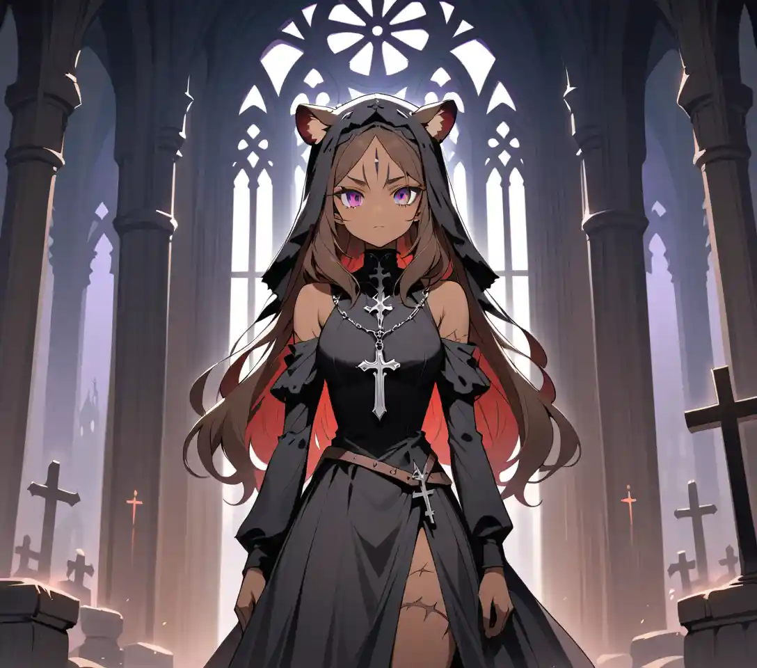 Verletzte Tigermaid im Schleier in gotischer Kirche