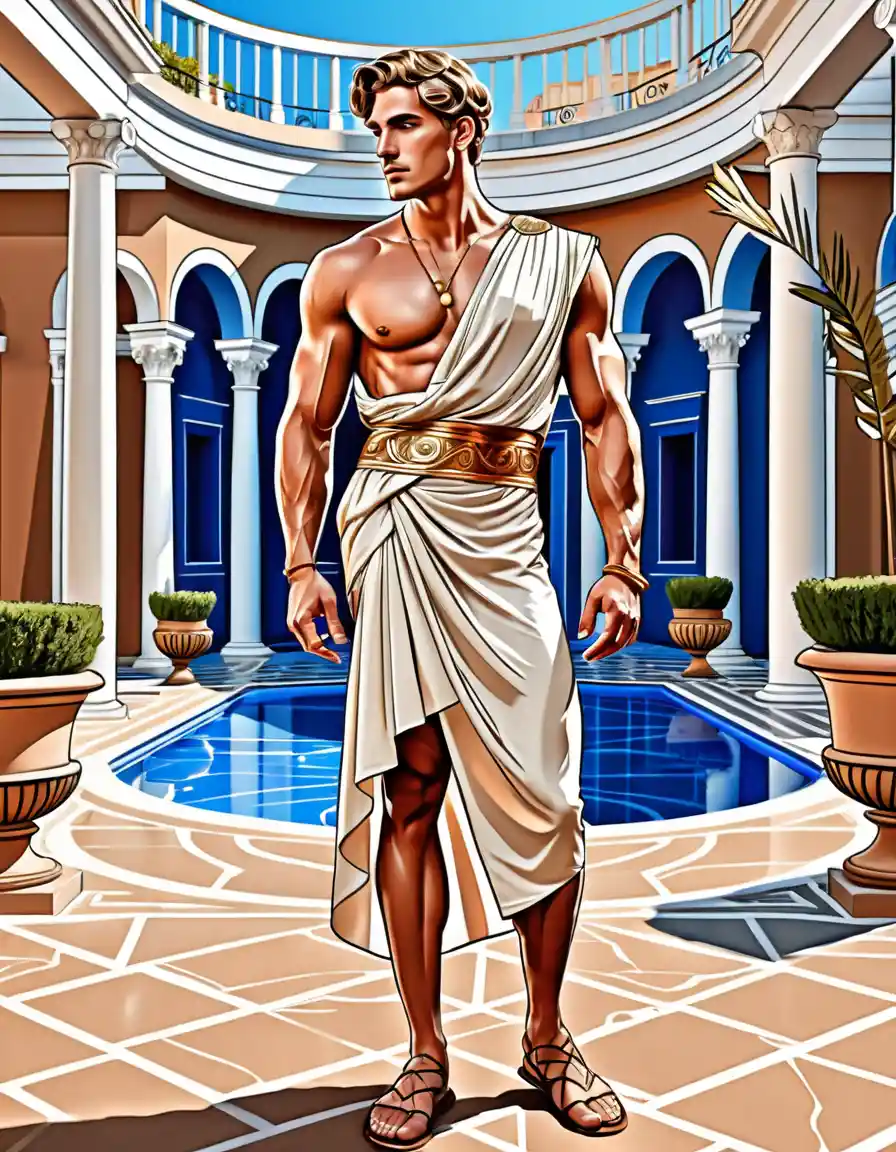 Greek godlike man in royal finery in palace courtyard
