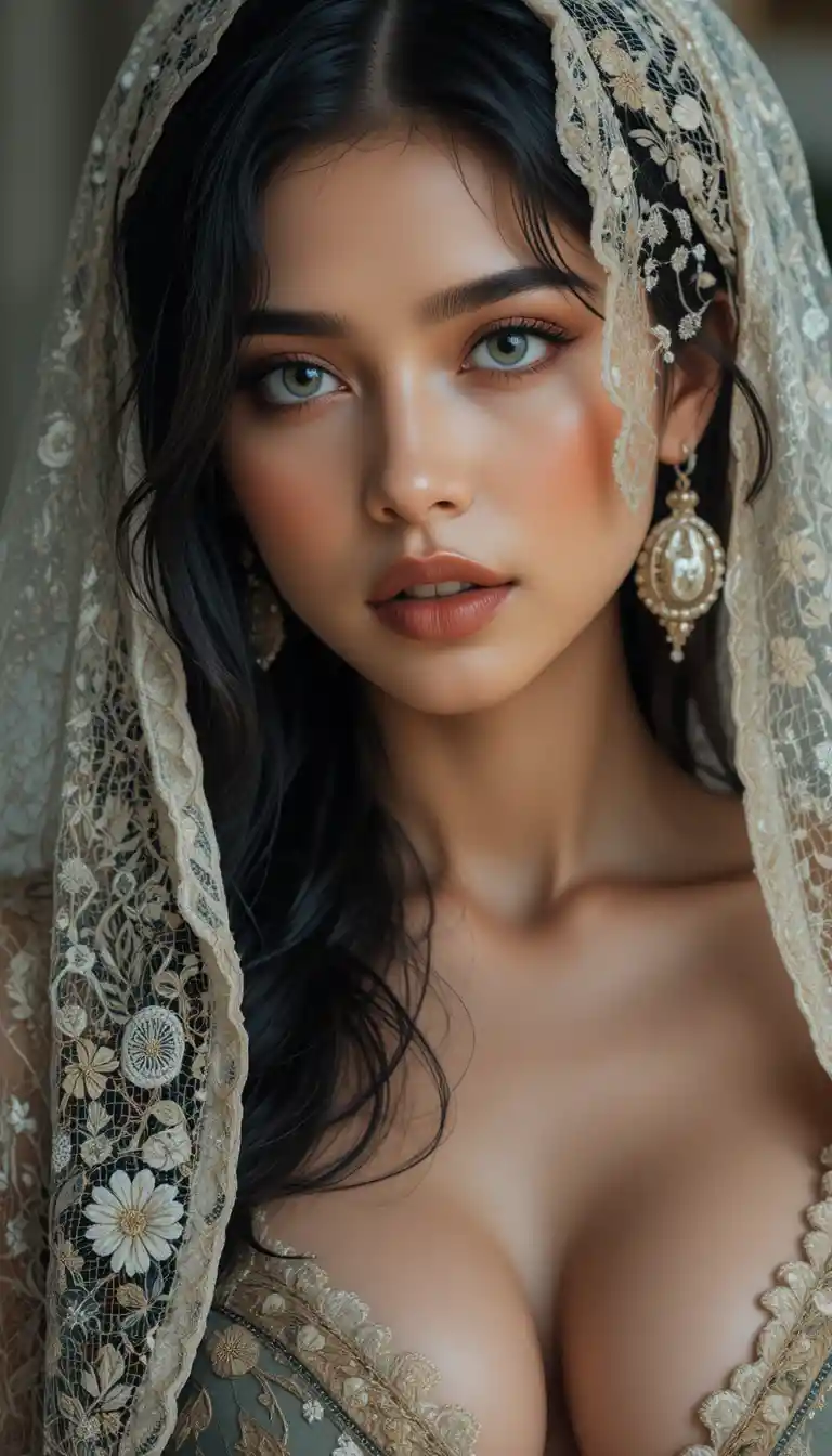 Retrato de corpo inteiro de mulher espanhola serena com véu de renda