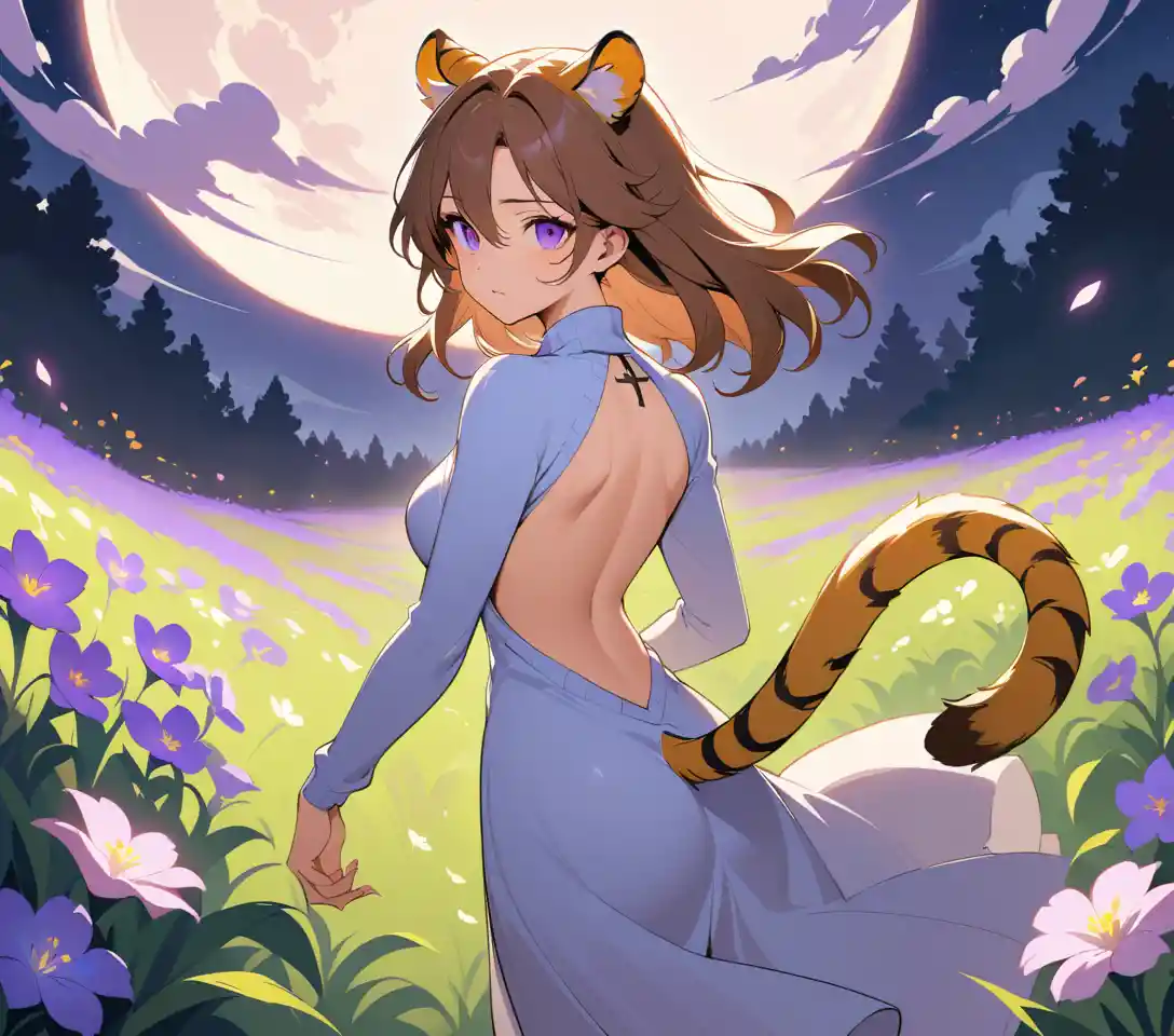 Tiger eared woman walking through a moonlit flower field