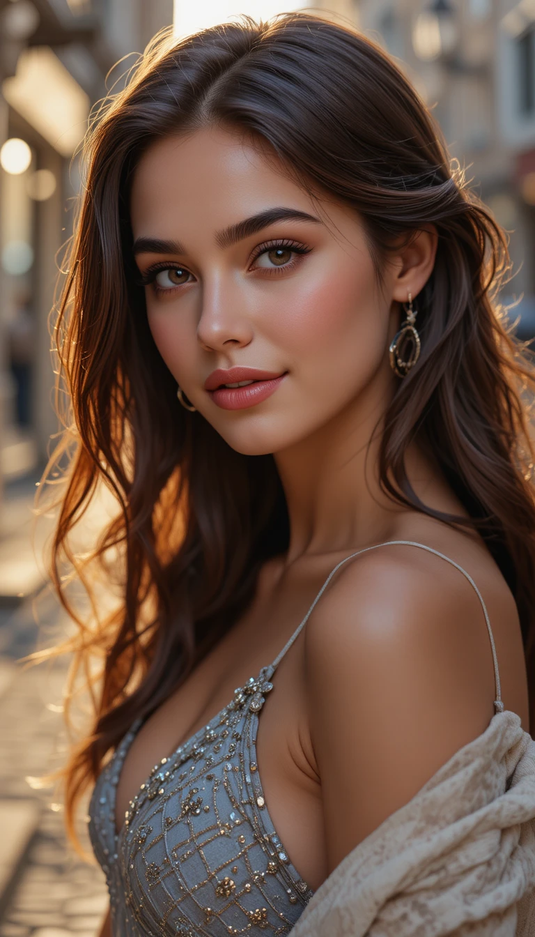 Donna elegante che sorride alla luce del tramonto in una strada acciottolata
