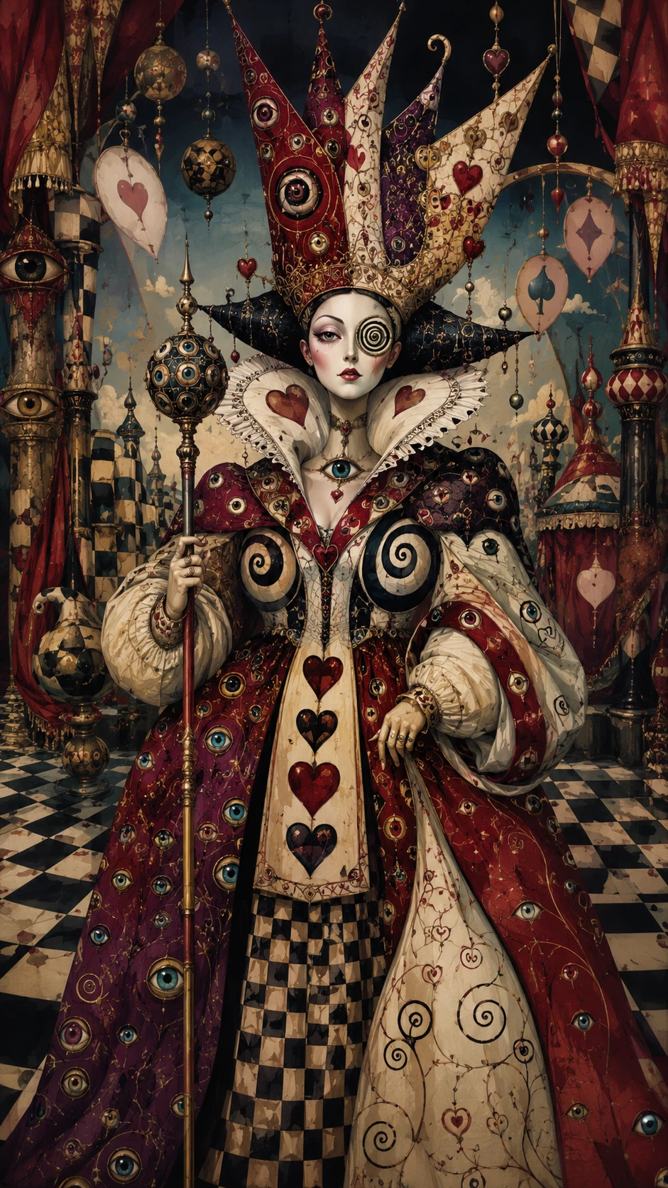 Regina fantasy di porcellana surreale in una corte gotica deformata
