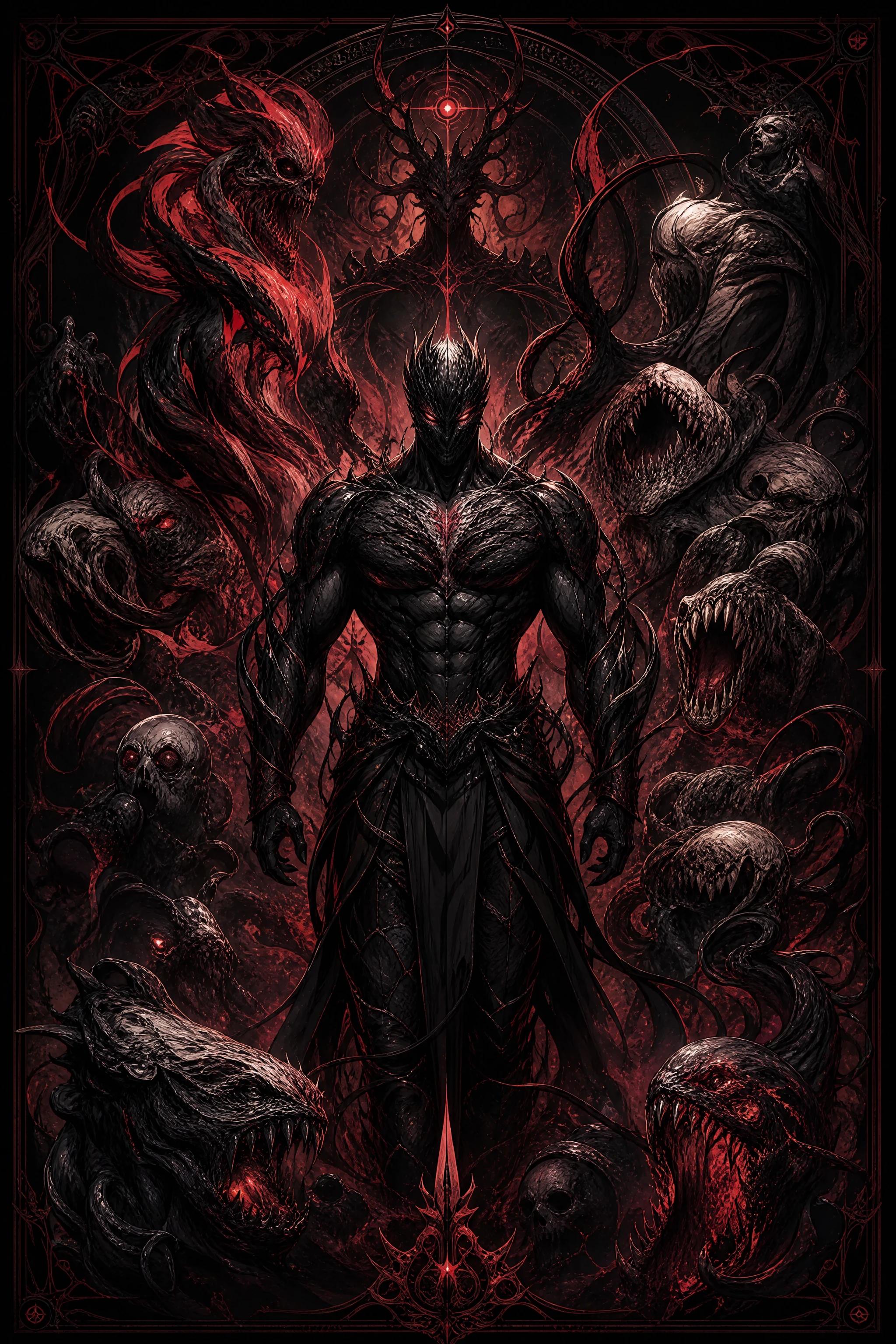 Obsidian humanoid king surrounded by eldritch horror creatures