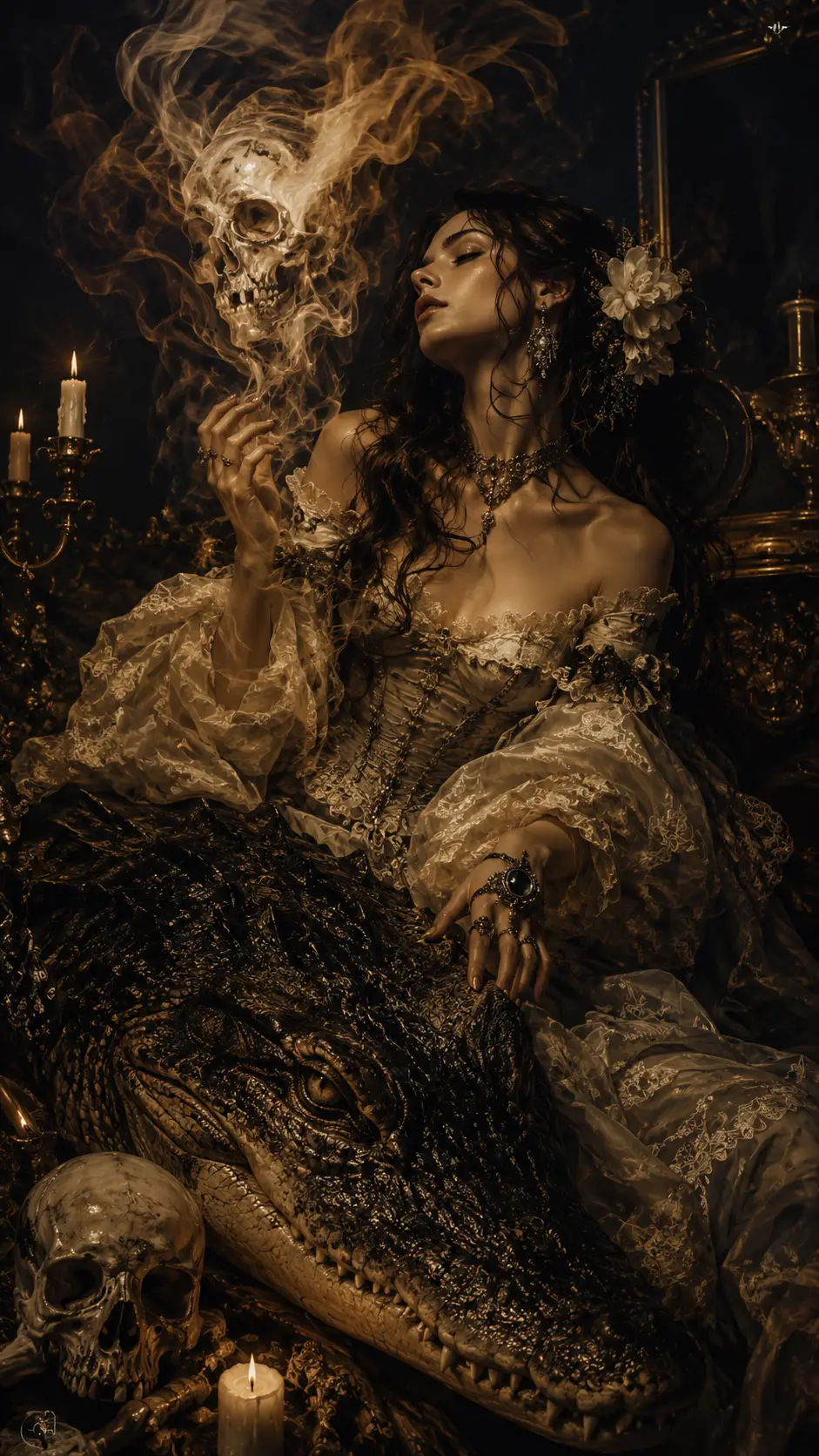 Creatura fantasy barocca oscura in scena gotica a chiaroscuro