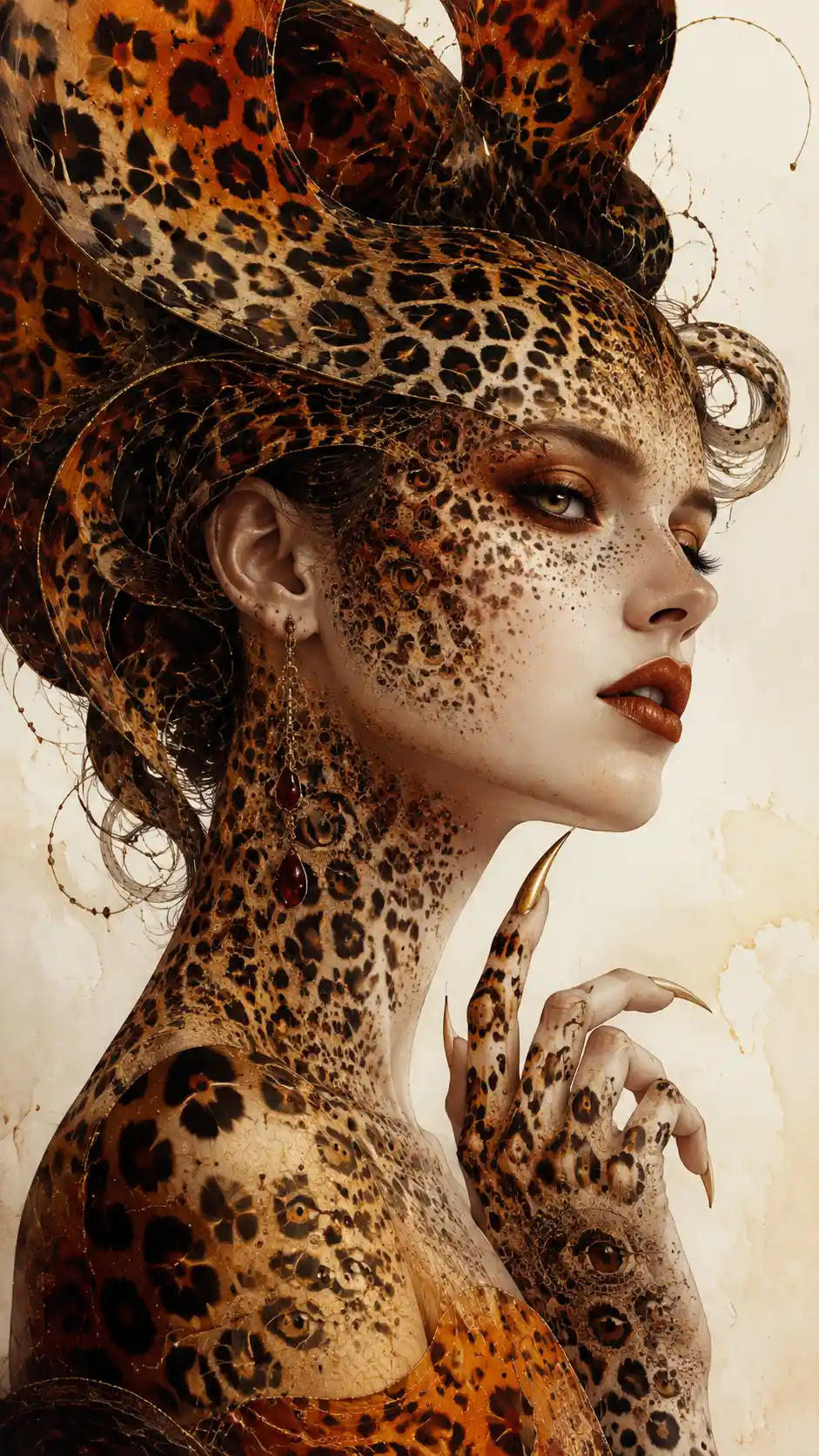 Surrealistisches Porträt einer Frau mit Leoparden-Rosettenhaut