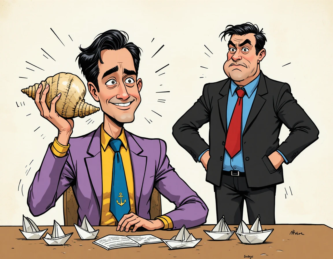 Office workers in a humorous cartoon shell listening scene