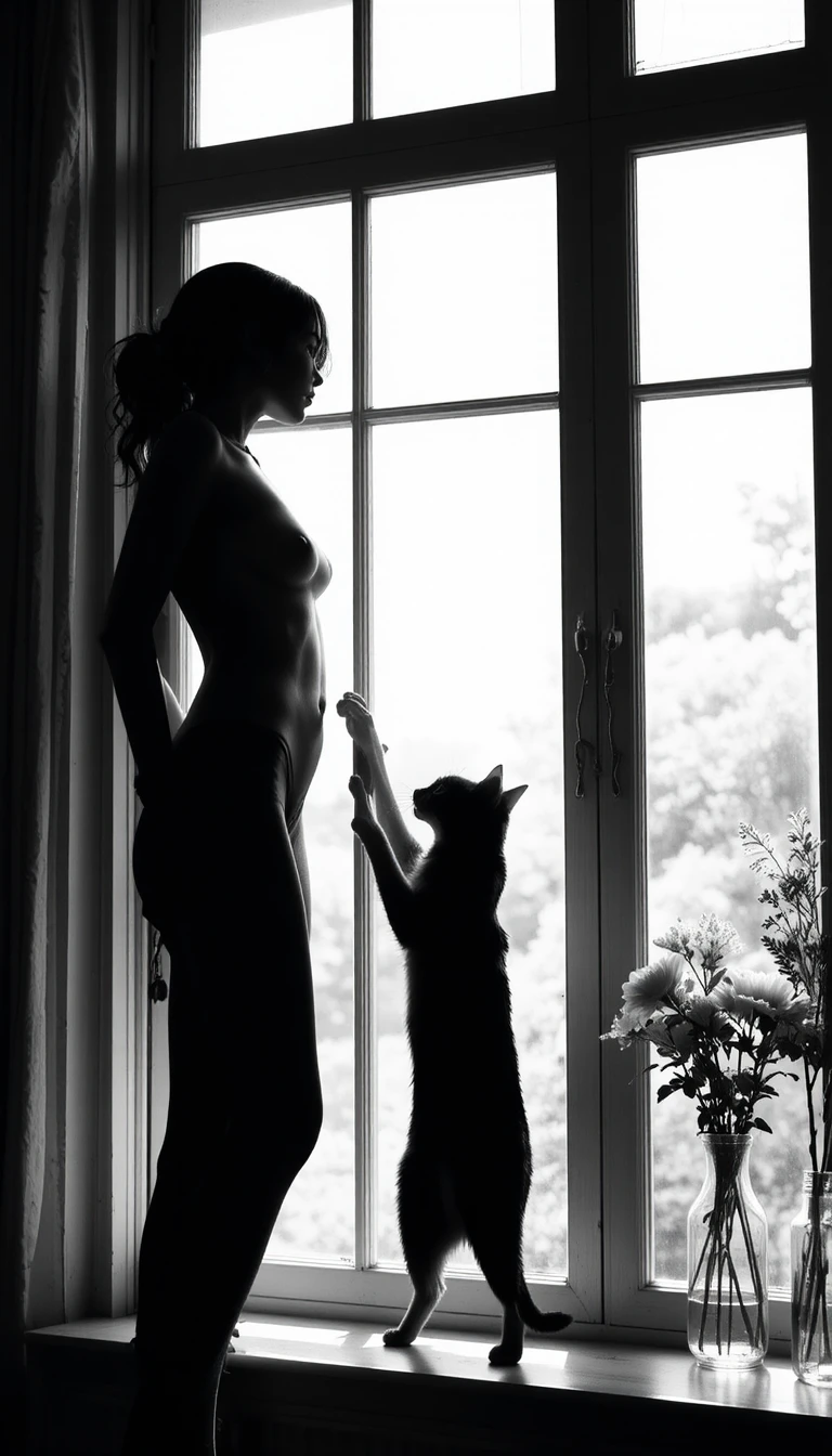 Silhouette di una donna alla finestra con un gatto che si allunga