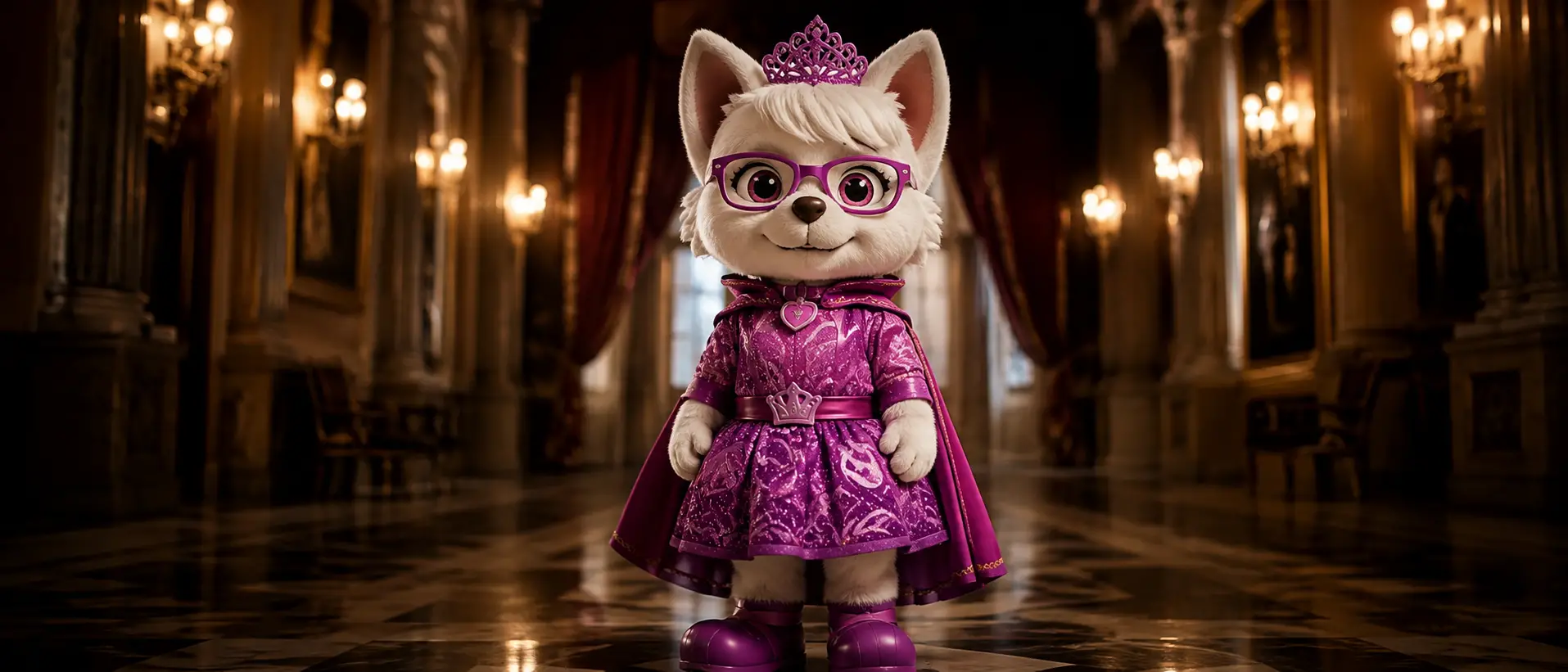 王冠をかぶった犬のプリンセスマスコットのワイド写真