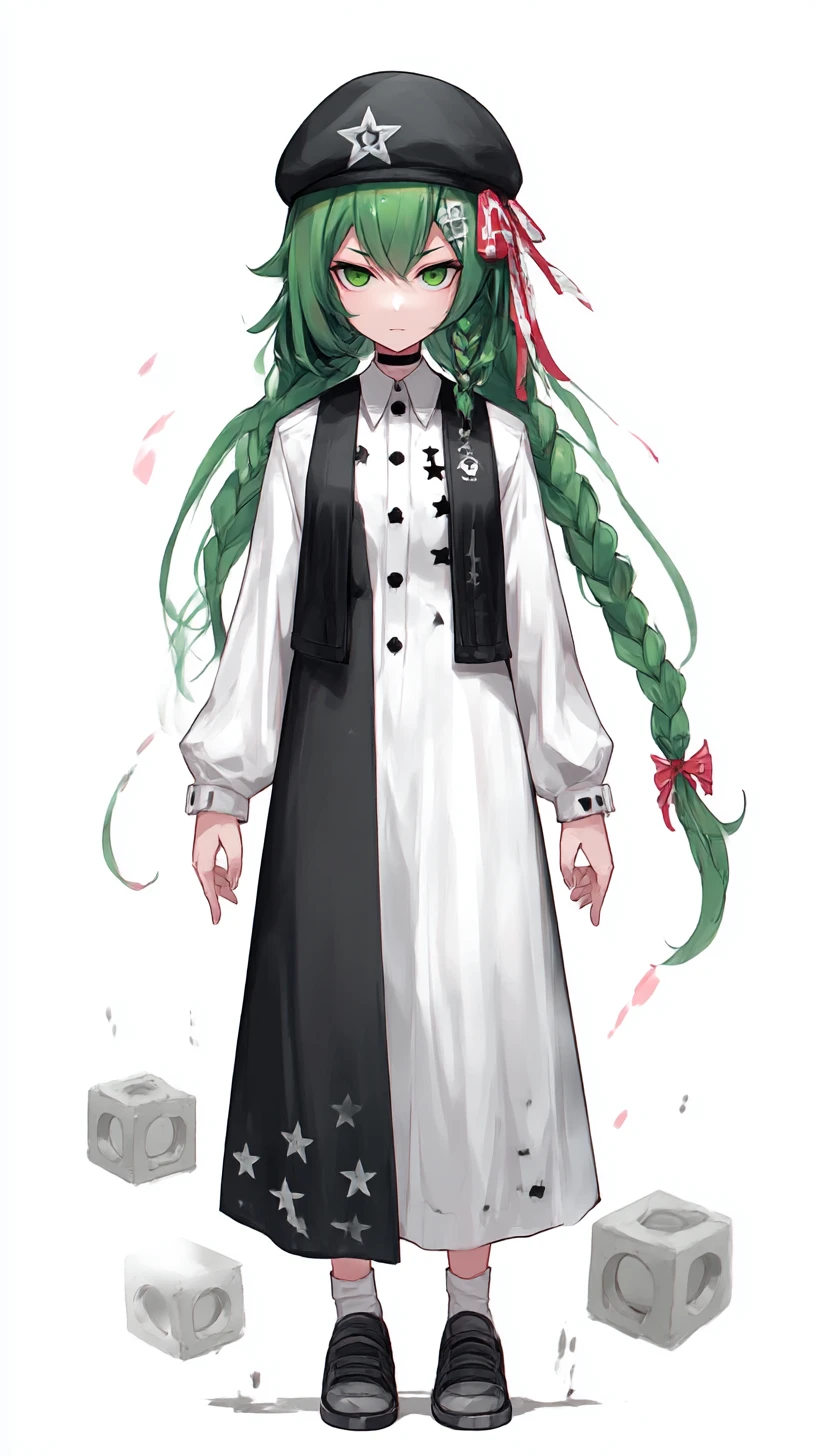Chica de anime con uniforme de estrellas y siniestra mirada verde