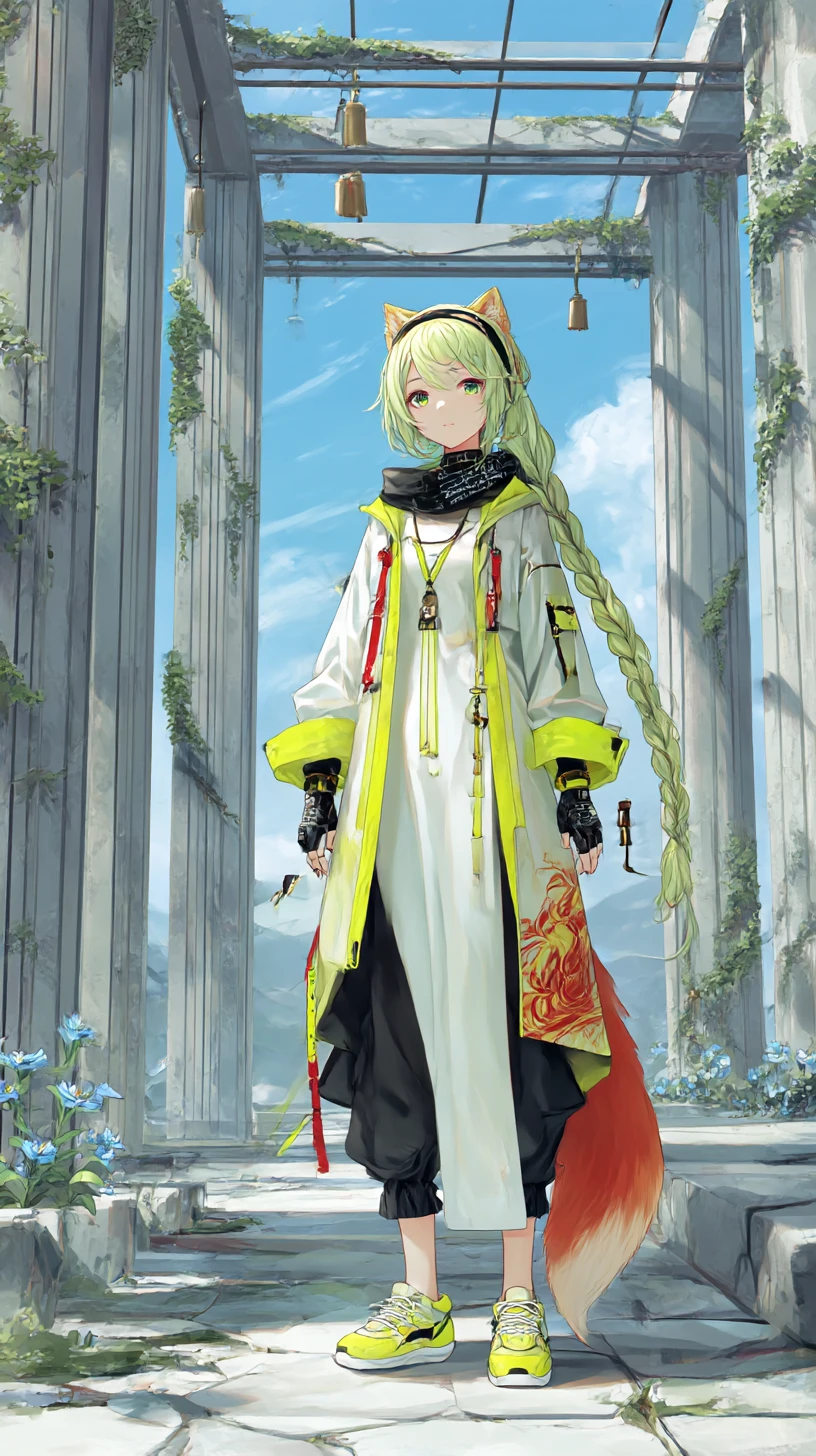 Ragazza anime futuristica con outfit al neon e lunga treccia