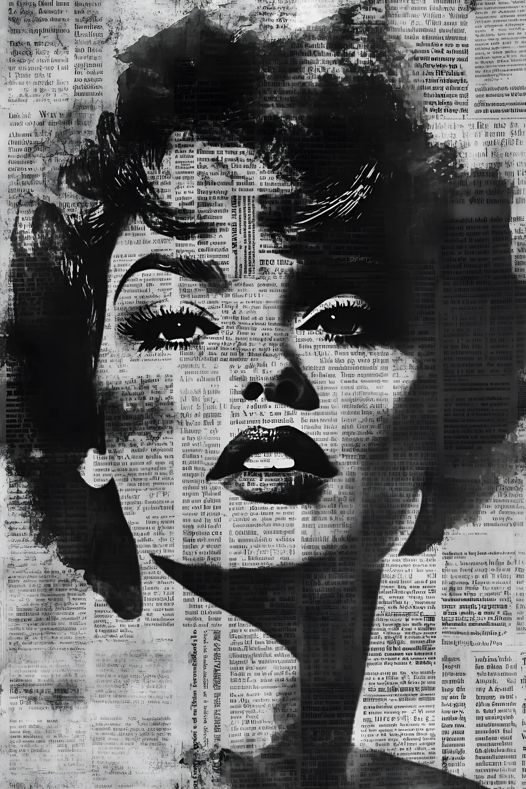 Black and white mixed media newspaper collage girl portrait