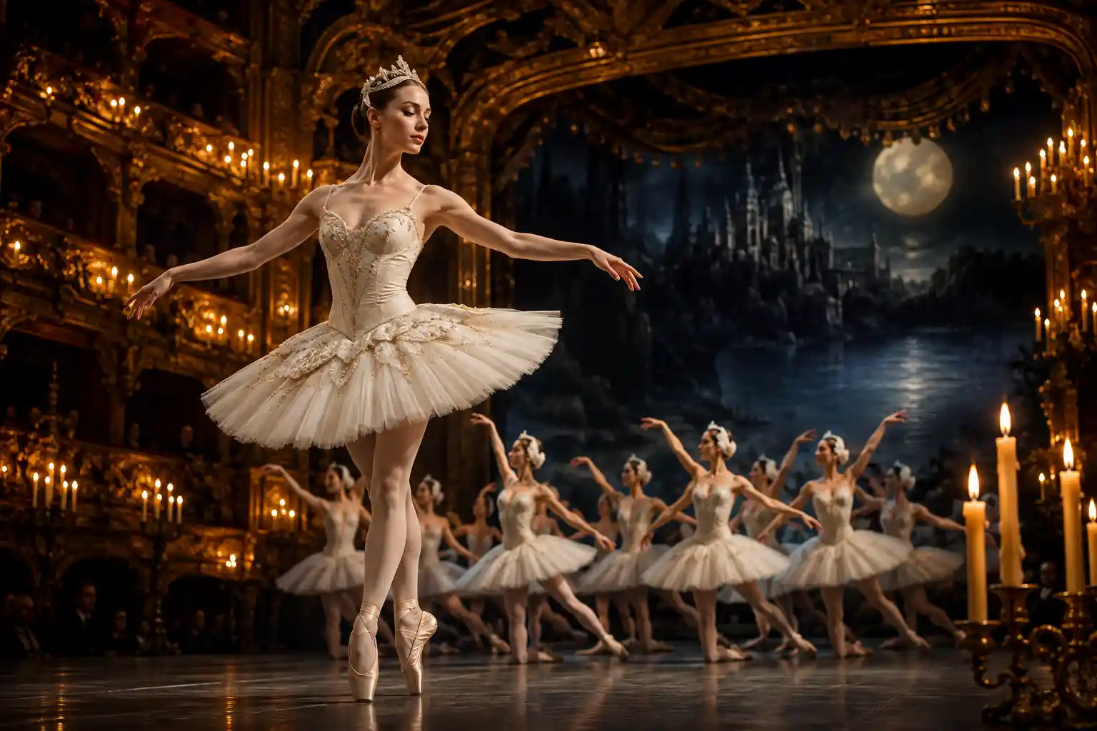 Elegante Ballerina auf von Kerzen erleuchteter russischer Opernbühne