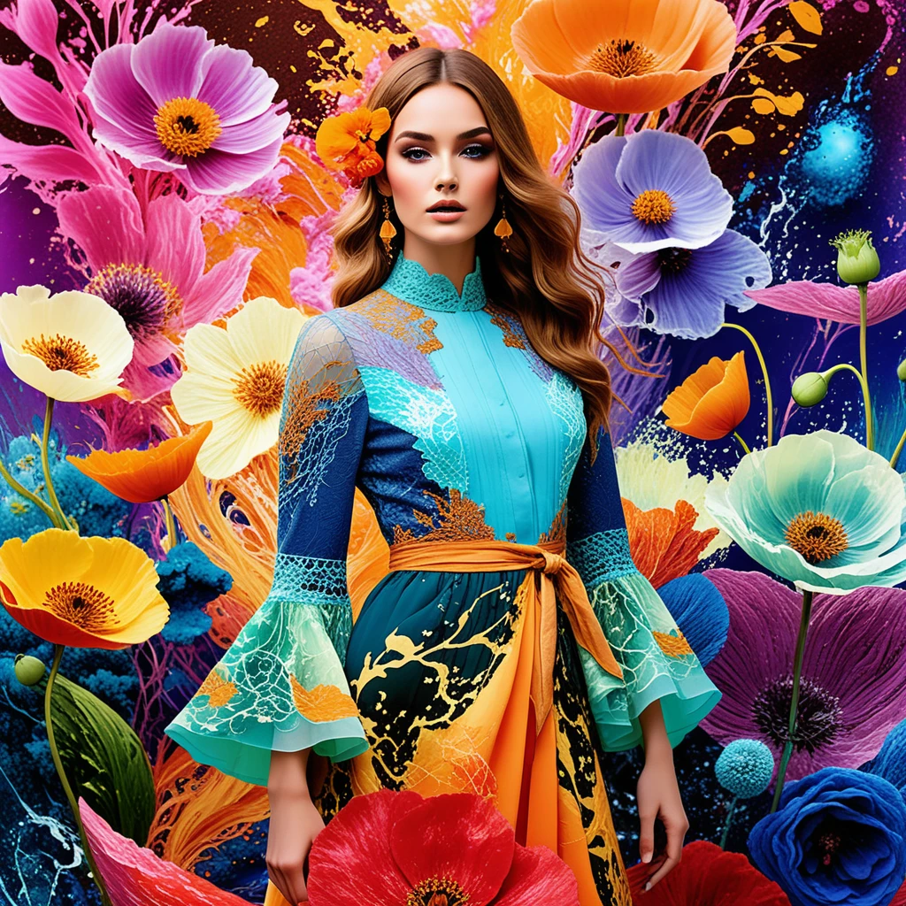 Mujer bohemia junto a pared abstracta floral turquesa
