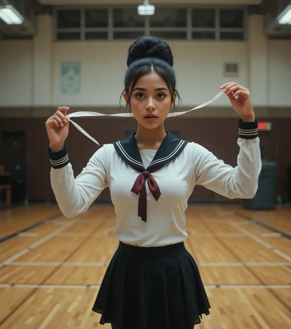 Shy young woman in school gym holding a thin ribbon