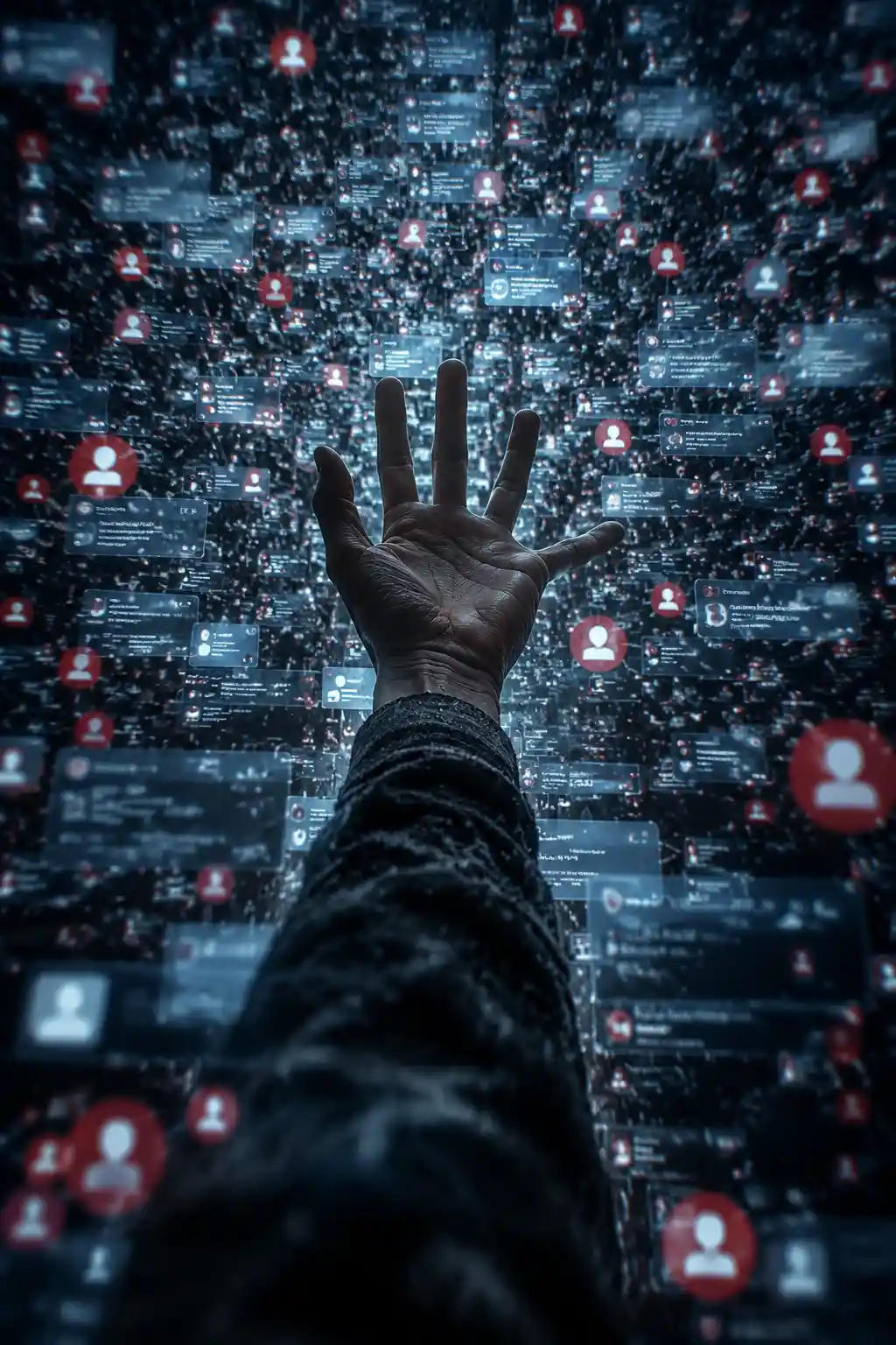 Main se tendant à travers des notifications numériques chaotiques et des icônes rouges
