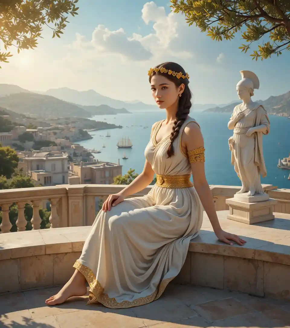 Elegante mujer griega en terraza de mármol al atardecer dorado