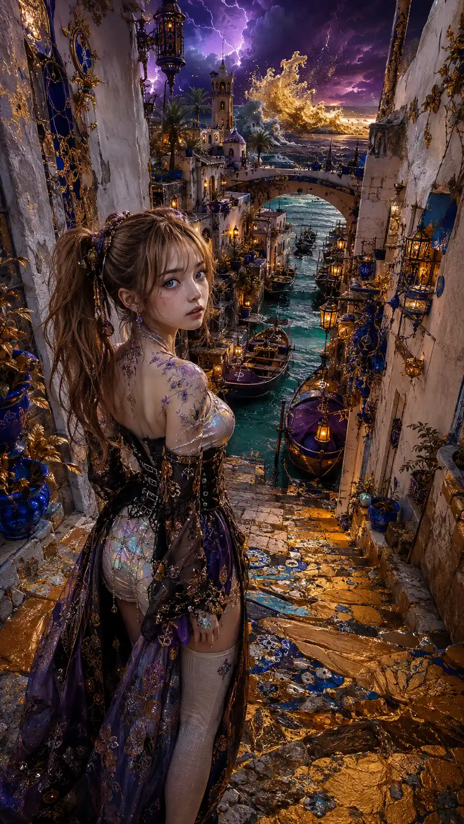Surprised anime girl in surreal Mediterranean alley