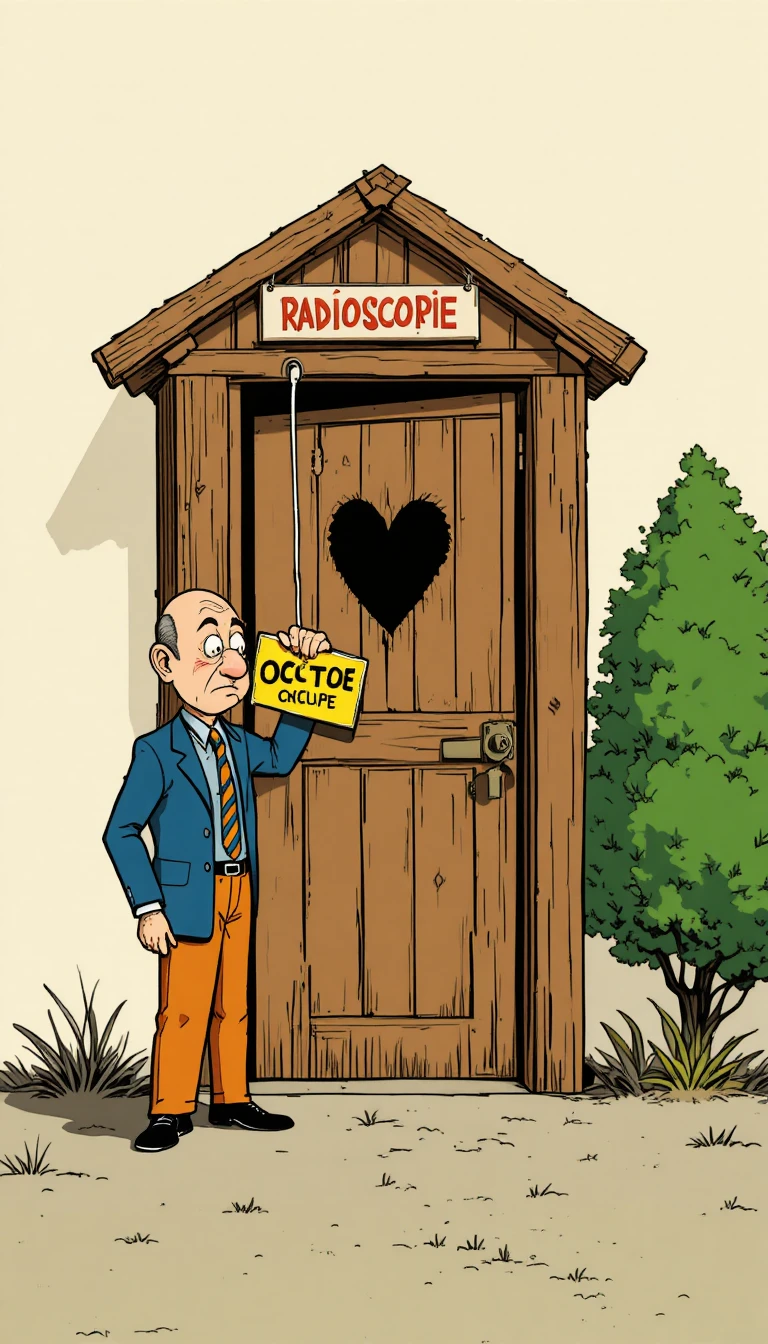 Uomo ansioso che bussa a una porta di radioscopia in stile cartoon