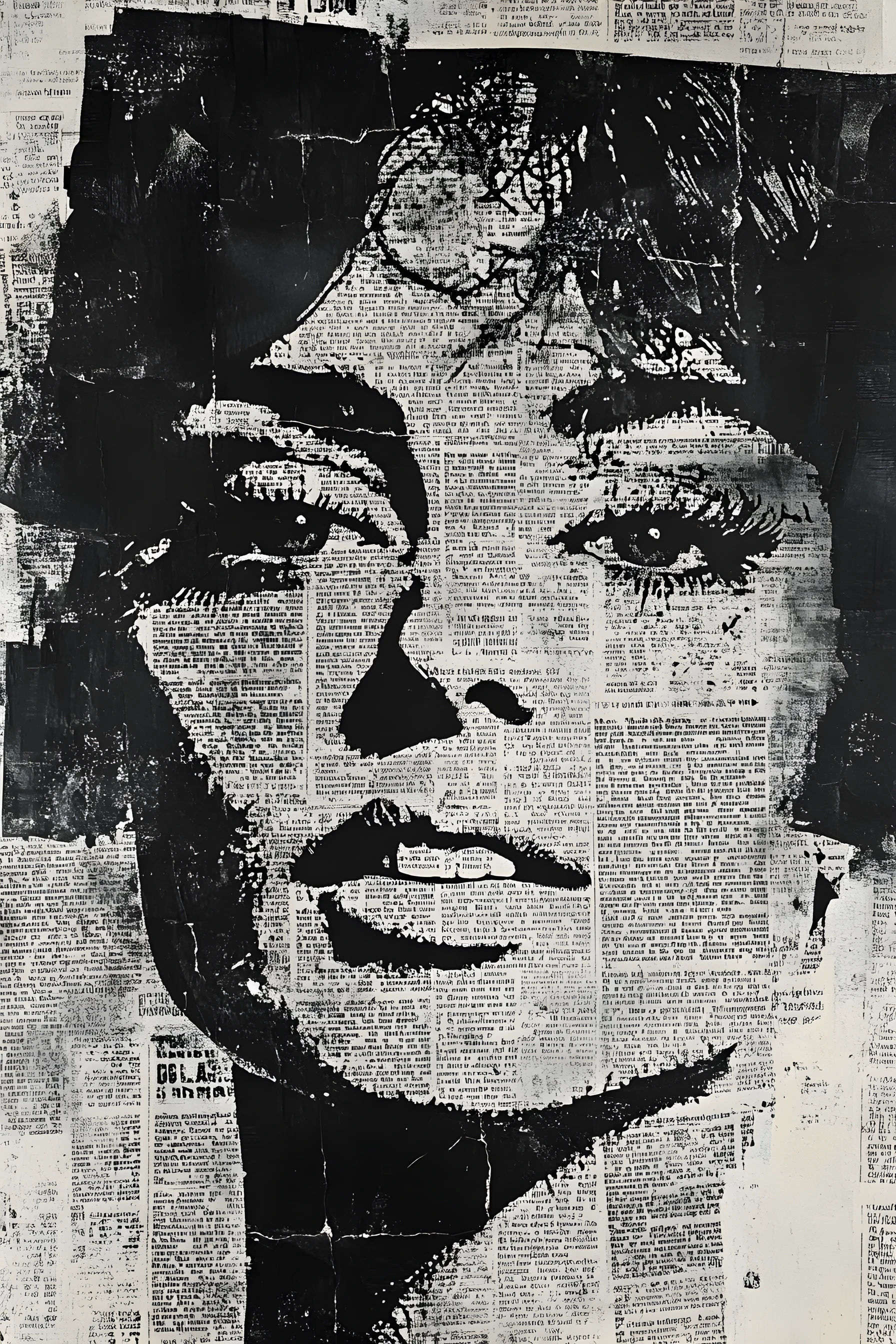 Ritratto collage di giornali in bianco e nero a tecnica mista
