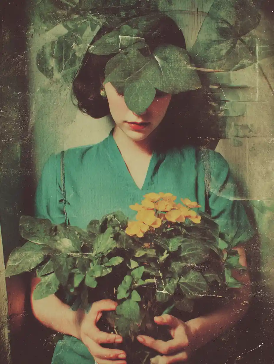 Woman planting trees in a surreal green fantasy garden