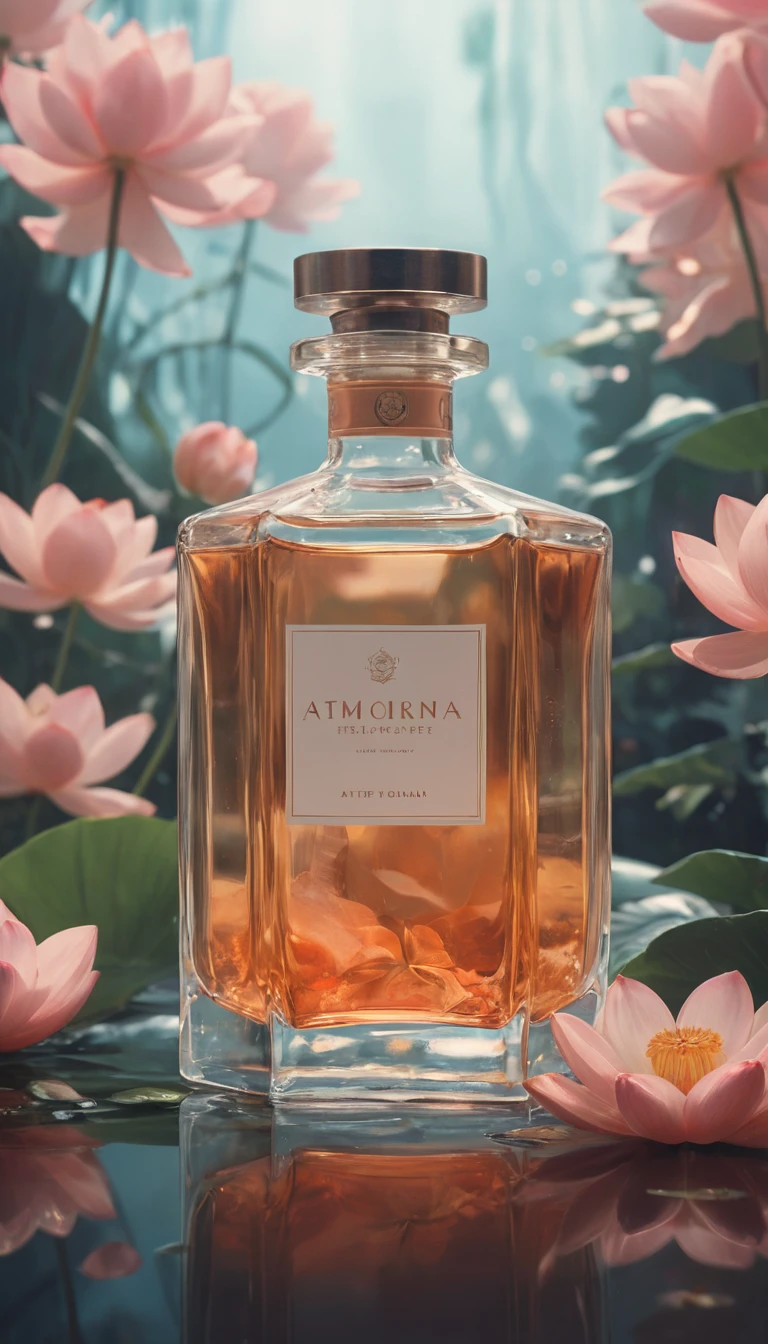 香水瓶在水花與蓮花花瓣間漂浮