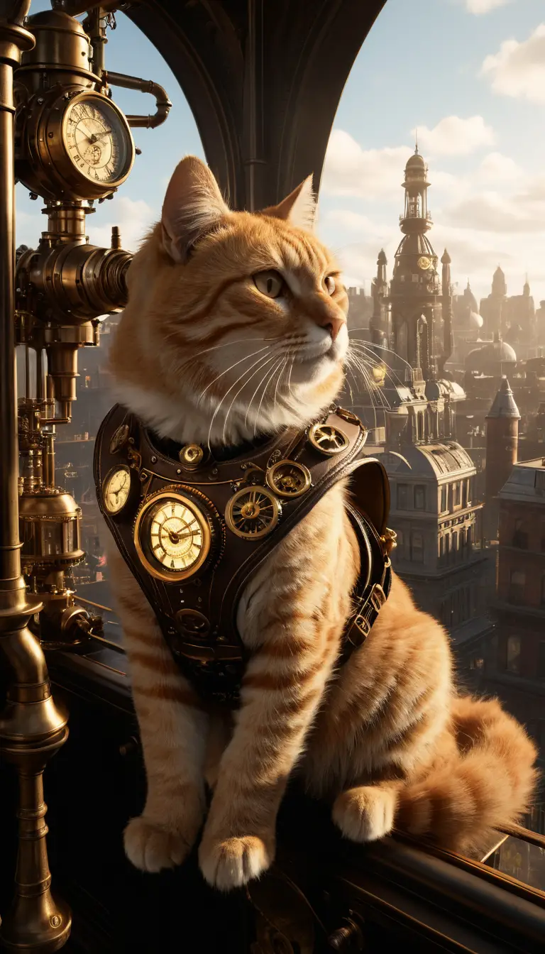 Gato steampunk dorado que contempla una vasta ciudad mecánica