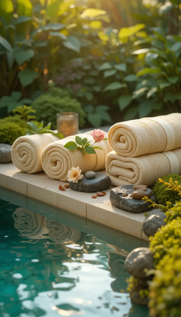 Toalhas de spa de luxo junto à água refletida com suave luz de velas
