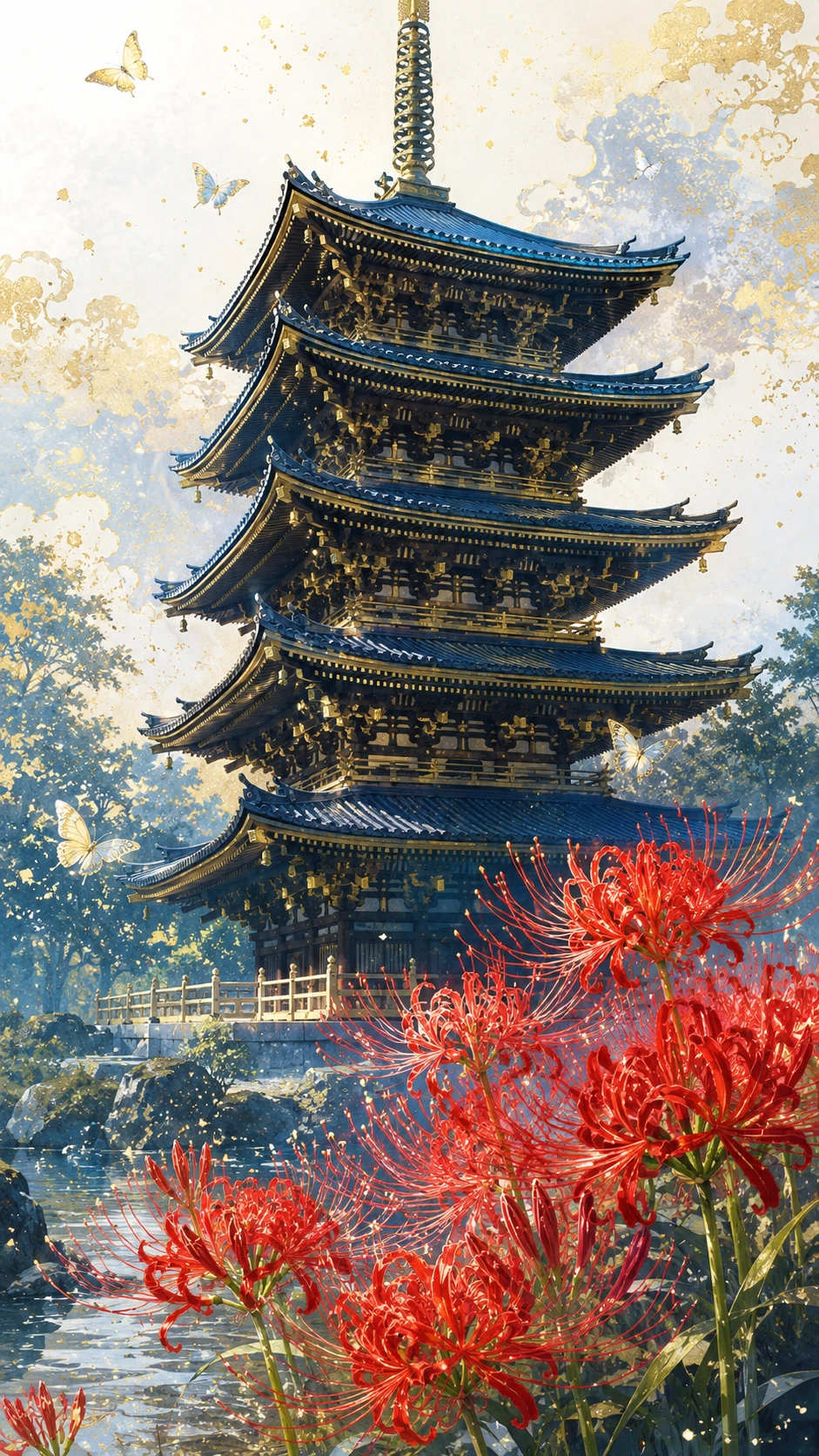 Pagoda And Red Spider Lilies In Soft Summer Daylight