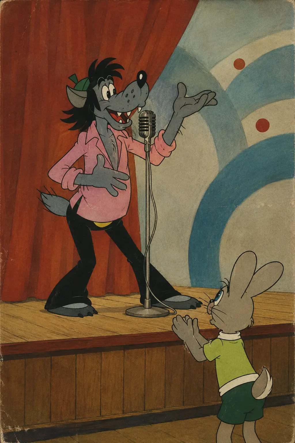 Cartoon wolf singing on stage with rabbit audience